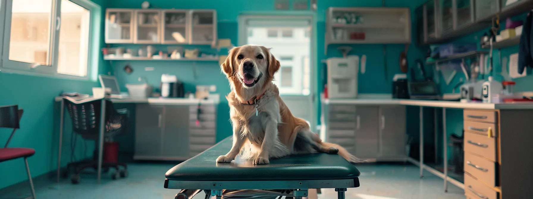 a serene veterinary clinic, bathed in soft natural light, showcases a happy dog sitting on a clean, vibrant examination table while a caring veterinarian prepares dental tools in the background, embodying the theme of finding essential dental care services for pets.