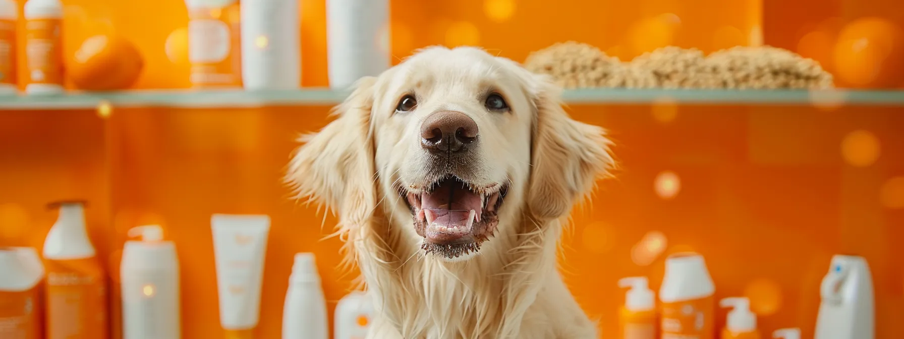 a vibrant close-up of a joyful dog with sparkling white teeth, surrounded by innovative dental care products like water additives and specialized kibble, bathed in soft natural light to highlight the importance of oral health for pets.