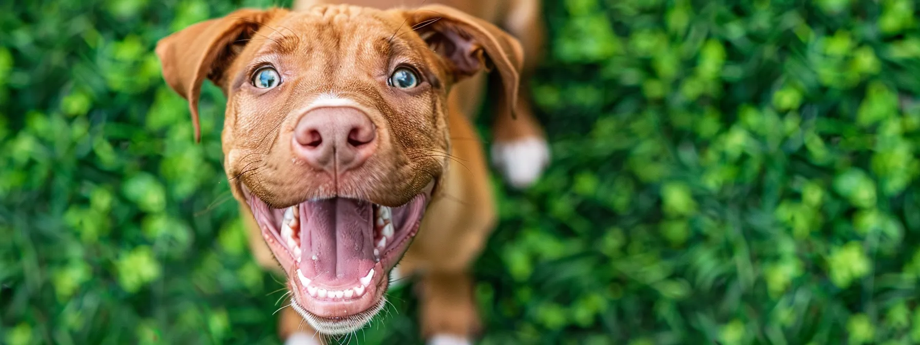 a vibrant close-up of a joyful dog with a sparkling white smile, showcasing healthy teeth amidst a backdrop of lush green grass, capturing the essence of long-term oral health care.